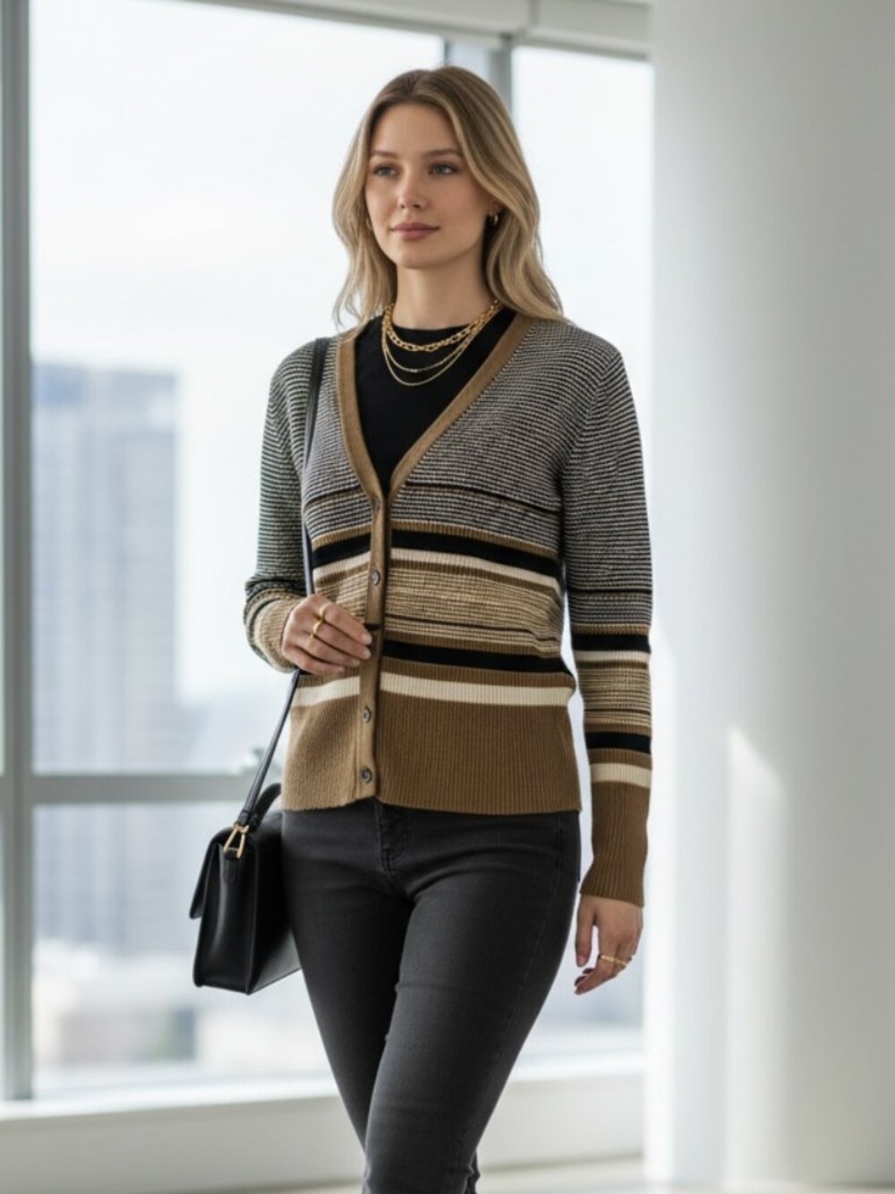 Y2k J. Crew Cardigan Sweater Medium Brown V‎ Neck Button Striped Office Siren
